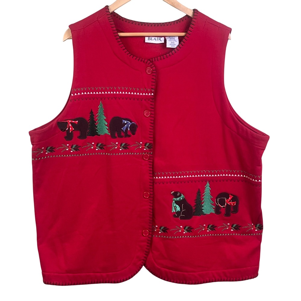 Y2K Blair Red Fleece Button Down Holiday Vest‎ Bears Wreaths Pine Trees 2XL